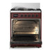 ILVE 30 Inch Majestic III Burgundy Dual Fuel Range with 5 Black Brass Burners, Dual Function Burner up to 25,000 BTU in Solid Door Open