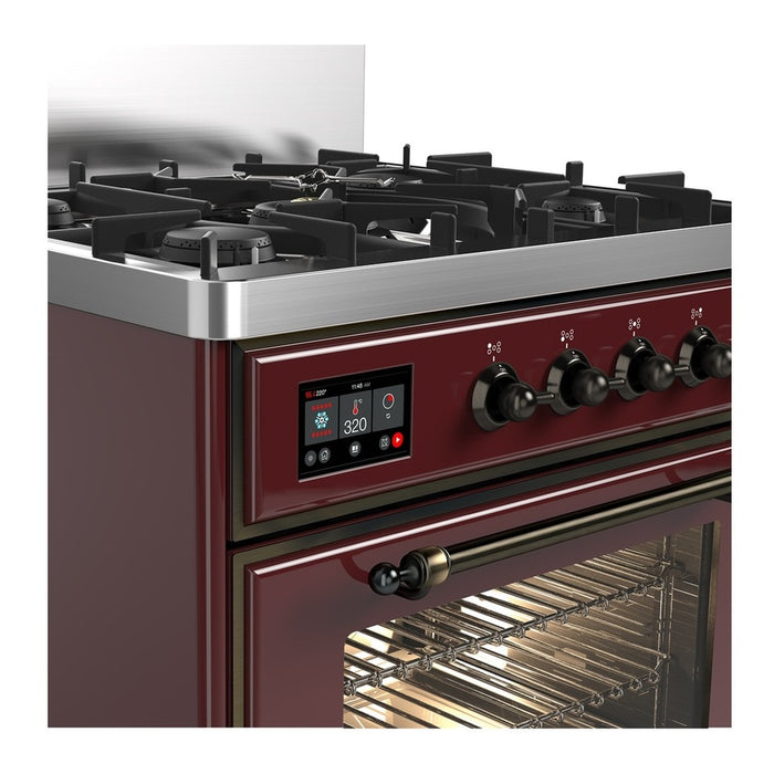 ILVE 30 Inch Majestic III Burgundy Dual Fuel Range with 5 Black Brass Burners, Dual Function Burner up to 25,000 BTU in Triple Glass Door Side