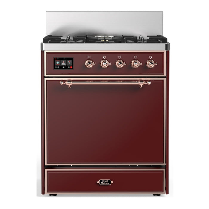 ILVE 30 Inch Majestic III Burgundy Dual Fuel Range with 5 Black Brass Burners, Dual Function Burner up to 25,000 BTU in Solid Door Copper
