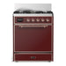 ILVE 30 Inch Majestic III Burgundy Dual Fuel Range with 5 Black Brass Burners, Dual Function Burner up to 25,000 BTU in Solid Door Copper