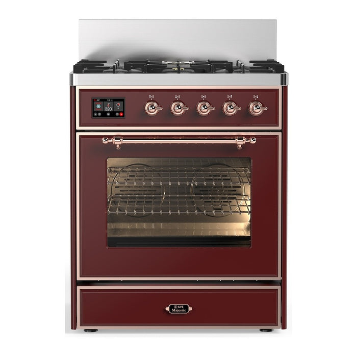 ILVE 30 Inch Majestic III Burgundy Dual Fuel Range with 5 Black Brass Burners, Dual Function Burner up to 25,000 BTU in Triple Glass Door Copper