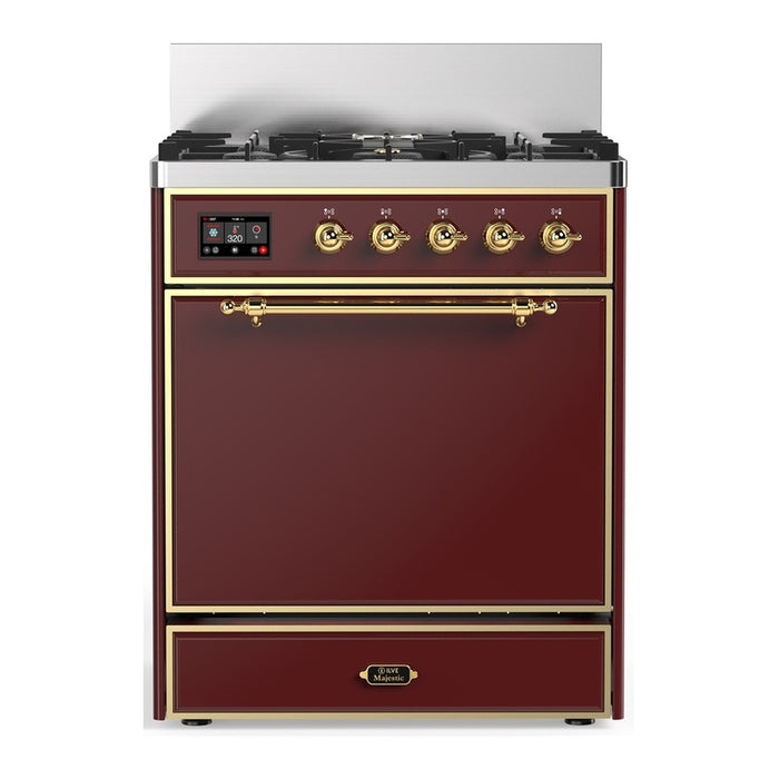 ILVE 30 Inch Majestic III Burgundy Dual Fuel Range with 5 Black Brass Burners, Dual Function Burner up to 25,000 BTU in Solid Door Brass