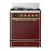 ILVE 30 Inch Majestic III Burgundy Dual Fuel Range with 5 Black Brass Burners, Dual Function Burner up to 25,000 BTU in Solid Door Brass
