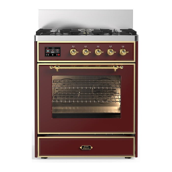 ILVE 30 Inch Majestic III Burgundy Dual Fuel Range with 5 Black Brass Burners, Dual Function Burner up to 25,000 BTU in Triple Glass Door Brass