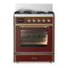 ILVE 30 Inch Majestic III Burgundy Dual Fuel Range with 5 Black Brass Burners, Dual Function Burner up to 25,000 BTU in Triple Glass Door Brass