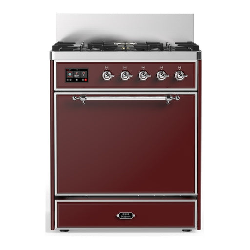 ILVE 30 Inch Majestic III Burgundy Dual Fuel Range with 5 Black Brass Burners, Dual Function Burner up to 25,000 BTU in Solid Door Chrome