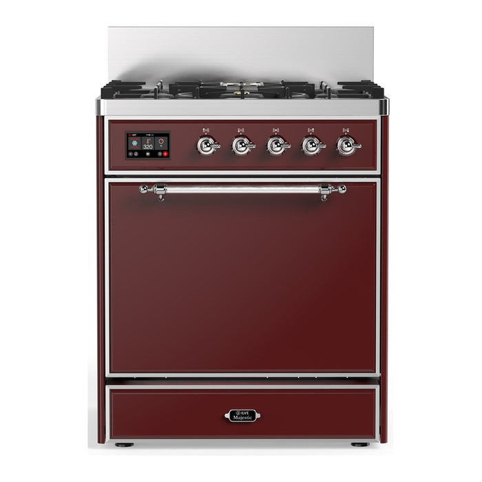ILVE 30 Inch Majestic III Burgundy Dual Fuel Range with 5 Black Brass Burners, Dual Function Burner up to 25,000 BTU in Solid Door Chrome