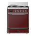 ILVE 30 Inch Majestic III Burgundy Dual Fuel Range with 5 Black Brass Burners, Dual Function Burner up to 25,000 BTU in Solid Door Chrome