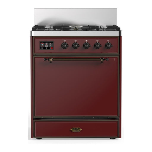 ILVE 30 Inch Majestic III Burgundy Dual Fuel Range with 5 Black Brass Burners, Dual Function Burner up to 25,000 BTU in Solid Door Burnished