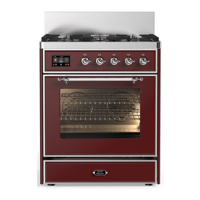 ILVE 30 Inch Majestic III Burgundy Dual Fuel Range with 5 Black Brass Burners, Dual Function Burner up to 25,000 BTU in Triple Glass Door Chrome