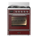 ILVE 30 Inch Majestic III Burgundy Dual Fuel Range with 5 Black Brass Burners, Dual Function Burner up to 25,000 BTU in Triple Glass Door Chrome