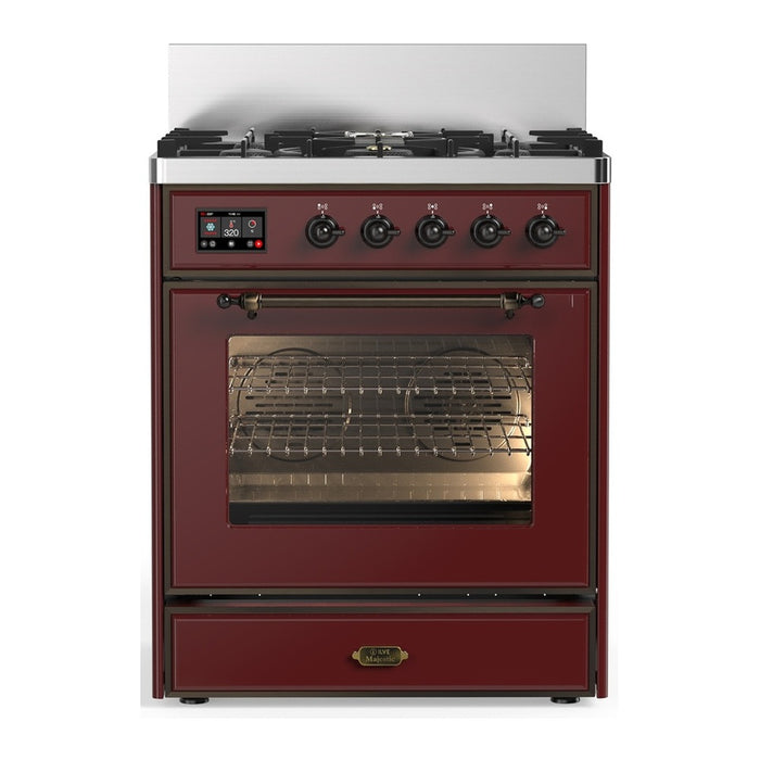 ILVE 30 Inch Majestic III Burgundy Dual Fuel Range with 5 Black Brass Burners, Dual Function Burner up to 25,000 BTU in Triple Glass Door Burnished