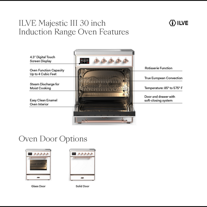 ILVE 30 Inch Majestic III Burgundy Induction with 4 Elements and 4 Cu. Ft. Oven Capacity in Solid Door Features