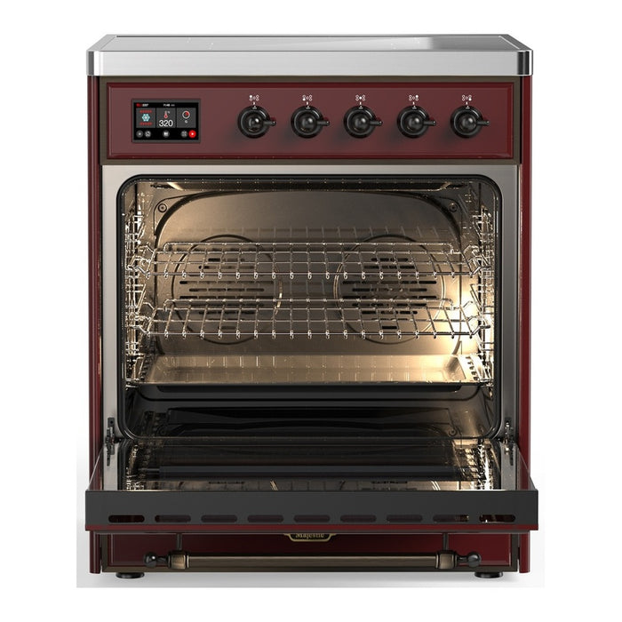 ILVE 30 Inch Majestic III Burgundy Induction with 4 Elements and 4 Cu. Ft. Oven Capacity in Solid Door Open