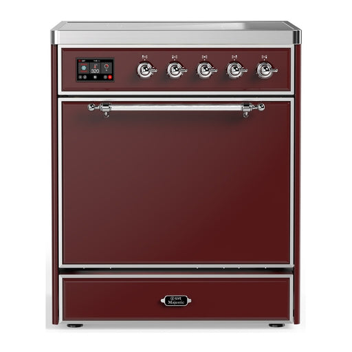 ILVE 30 Inch Majestic III Burgundy Induction with 4 Elements and 4 Cu. Ft. Oven Capacity in Solid Door Chrome