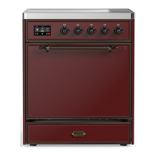 ILVE 30 Inch Majestic III Burgundy Induction with 4 Elements and 4 Cu. Ft. Oven Capacity in Solid Door Burnished