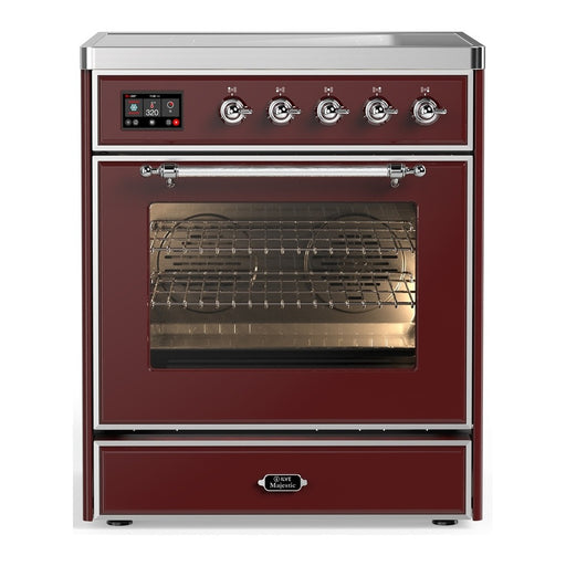 ILVE 30 Inch Majestic III Burgundy Induction with with 4 Elements and 4 Cu. Ft. Oven Capacity in Triple Glass Door Chrome
