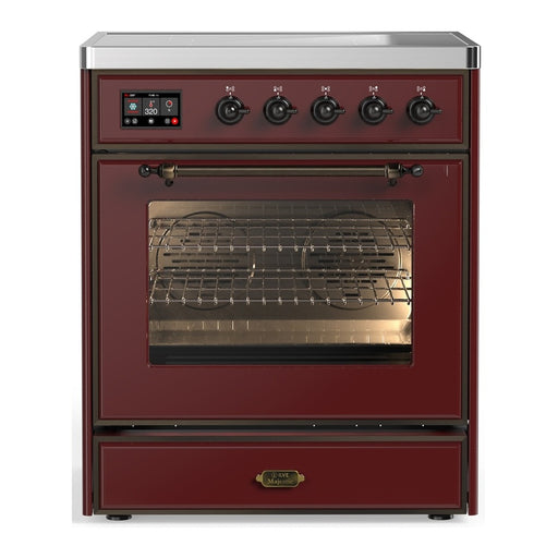ILVE 30 Inch Majestic III Burgundy Induction with with 4 Elements and 4 Cu. Ft. Oven Capacity in Triple Glass Door Burnished