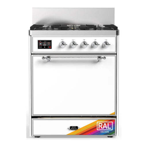 ILVE 30 Inch Majestic III Custom Color (RAL)  Dual Fuel Range with 5 Black Brass Burners, Dual Function Burner up to 25,000 BTU in Solid Door Chrome