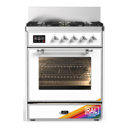 ILVE 30 Inch Majestic III Custom Color (RAL) Dual Fuel Range with 5 Black Brass Burners, Dual Function Burner up to 25,000 BTU in Triple Glass Door Chrome
