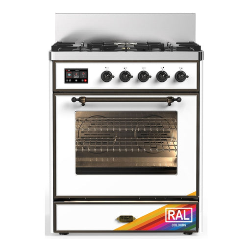 ILVE 30 Inch Majestic III Custom Color (RAL) Dual Fuel Range with 5 Black Brass Burners, Dual Function Burner up to 25,000 BTU in Triple Glass Door Burnished