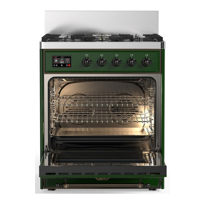 ILVE 30 Inch Majestic III Emerald Green Dual Fuel Range with 5 Black Brass Burners, Dual Function Burner up to 25,000 BTU in Solid Door Open
