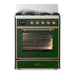 ILVE 30 Inch Majestic III Emerald Green Dual Fuel Range with 5 Black Brass Burners, Dual Function Burner up to 25,000 BTU in Triple Glass Door Copper