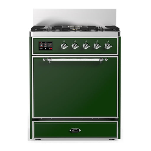 ILVE 30 Inch Majestic III Emerald Green Dual Fuel Range with 5 Black Brass Burners, Dual Function Burner up to 25,000 BTU in Solid Door Chrome