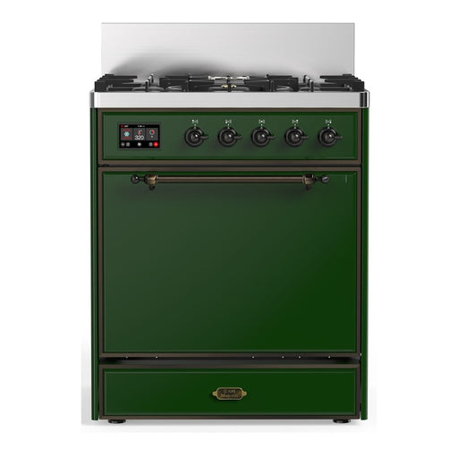 ILVE 30 Inch Majestic III Emerald Green Dual Fuel Range with 5 Black Brass Burners, Dual Function Burner up to 25,000 BTU in Solid Door Burnished