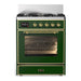 ILVE 30 Inch Majestic III Emerald Green Dual Fuel Range with 5 Black Brass Burners, Dual Function Burner up to 25,000 BTU in Triple Glass Door Brass