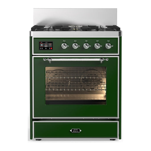 ILVE 30 Inch Majestic III Emerald Green Dual Fuel Range with 5 Black Brass Burners, Dual Function Burner up to 25,000 BTU in Triple Glass Door Chrome