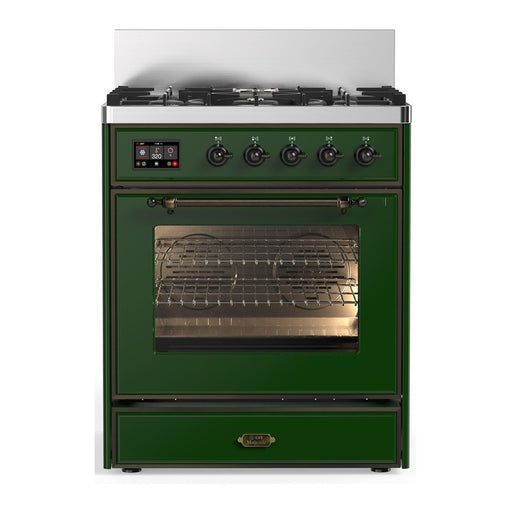 ILVE 30 Inch Majestic III Emerald Green Dual Fuel Range with 5 Black Brass Burners, Dual Function Burner up to 25,000 BTU in Triple Glass Door Burnished