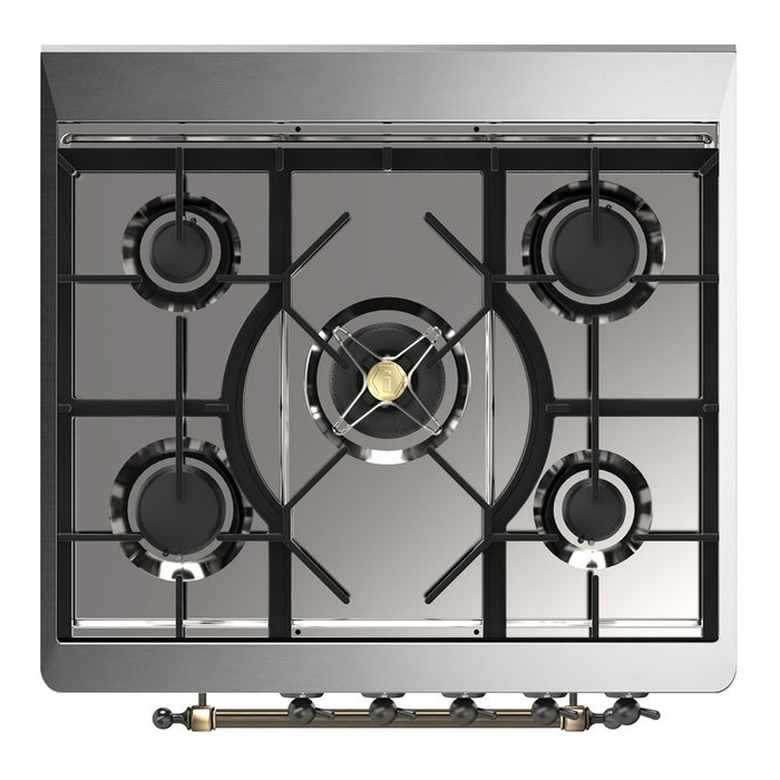 ILVE 30 Inch Majestic III Glossy Black Dual Fuel Range with 5 Black Brass Burners, Dual Function Burner up to 25,000 BTU in Solid Door Cooktop