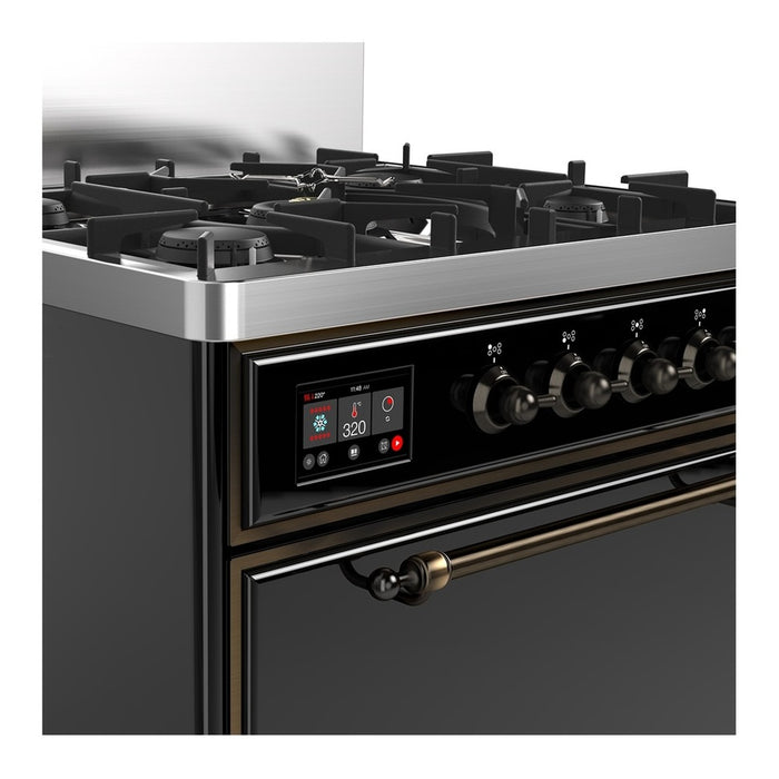 ILVE 30 Inch Majestic III Glossy Black Dual Fuel Range with 5 Black Brass Burners, Dual Function Burner up to 25,000 BTU in Solid Door Side