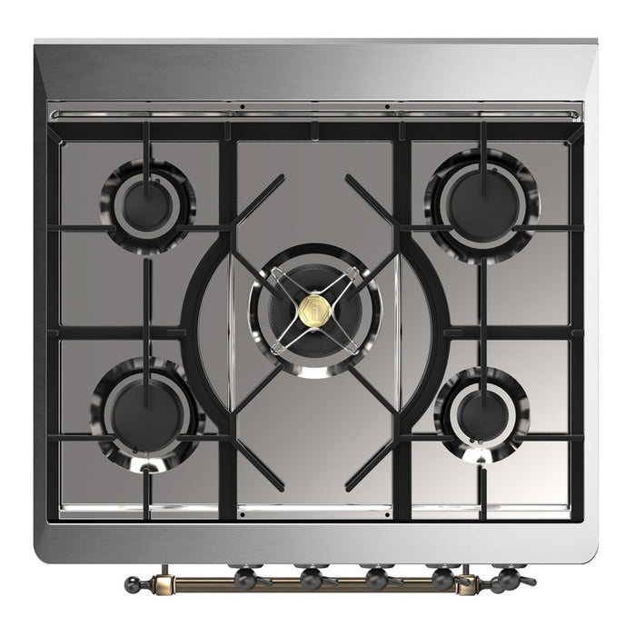 ILVE 30 Inch Majestic III Glossy Black Dual Fuel Range with 5 Black Brass Burners, Dual Function Burner up to 25,000 BTU in Triple Glass Door Cooktop