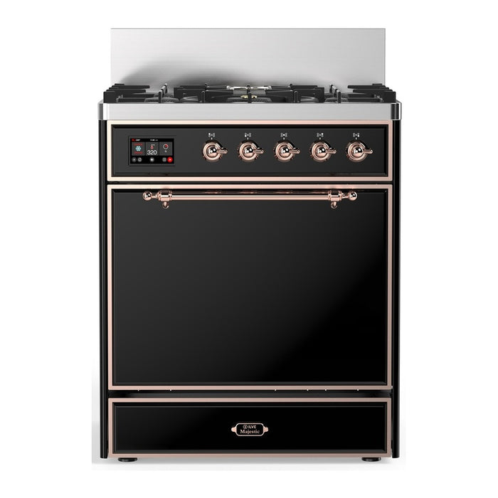 ILVE 30 Inch Majestic III Glossy Black Dual Fuel Range with 5 Black Brass Burners, Dual Function Burner up to 25,000 BTU in Solid Door Copper