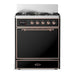 ILVE 30 Inch Majestic III Glossy Black Dual Fuel Range with 5 Black Brass Burners, Dual Function Burner up to 25,000 BTU in Solid Door Copper