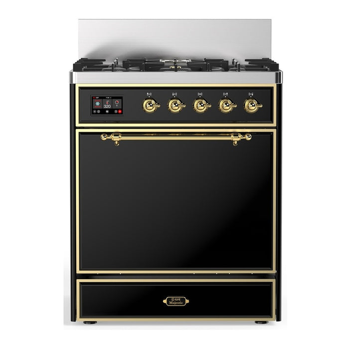 ILVE 30 Inch Majestic III Glossy Black Dual Fuel Range with 5 Black Brass Burners, Dual Function Burner up to 25,000 BTU in Solid Door Brass