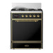 ILVE 30 Inch Majestic III Glossy Black Dual Fuel Range with 5 Black Brass Burners, Dual Function Burner up to 25,000 BTU in Solid Door Brass