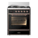 ILVE 30 Inch Majestic III Glossy Black Dual Fuel Range with 5 Black Brass Burners, Dual Function Burner up to 25,000 BTU in Triple Glass Door Copper