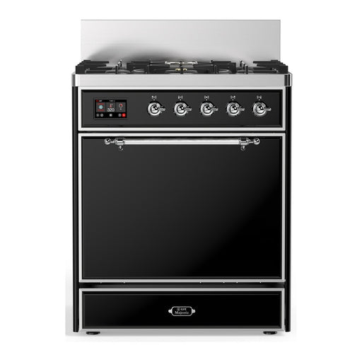ILVE 30 Inch Majestic III Glossy Black Dual Fuel Range with 5 Black Brass Burners, Dual Function Burner up to 25,000 BTU in Solid Door Chrome