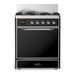 ILVE 30 Inch Majestic III Glossy Black Dual Fuel Range with 5 Black Brass Burners, Dual Function Burner up to 25,000 BTU in Solid Door Chrome