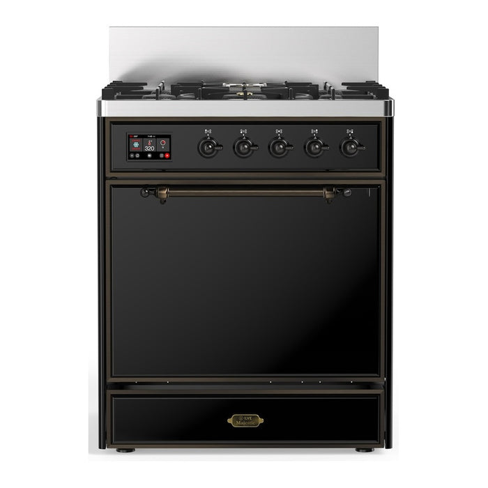 ILVE 30 Inch Majestic III Glossy Black Dual Fuel Range with 5 Black Brass Burners, Dual Function Burner up to 25,000 BTU in Solid Door Burnished