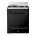 ILVE 30 Inch Majestic III Glossy Black Dual Fuel Range with 5 Black Brass Burners, Dual Function Burner up to 25,000 BTU in Solid Door Burnished