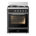 ILVE 30 Inch Majestic III Glossy Black Dual Fuel Range with 5 Black Brass Burners, Dual Function Burner up to 25,000 BTU in Triple Glass Door Chrome