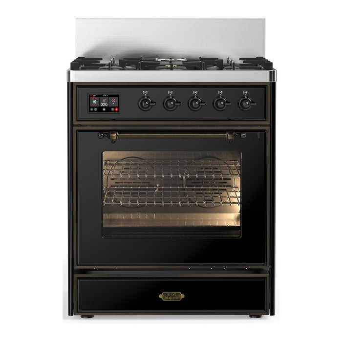 ILVE 30 Inch Majestic III Glossy Black Dual Fuel Range with 5 Black Brass Burners, Dual Function Burner up to 25,000 BTU in Triple Glass Door Burnished