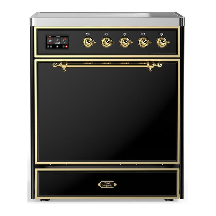 ILVE 30 Inch Majestic III Glossy Black Induction with 4 Elements and 4 Cu. Ft. Oven Capacity in Solid Door Brass