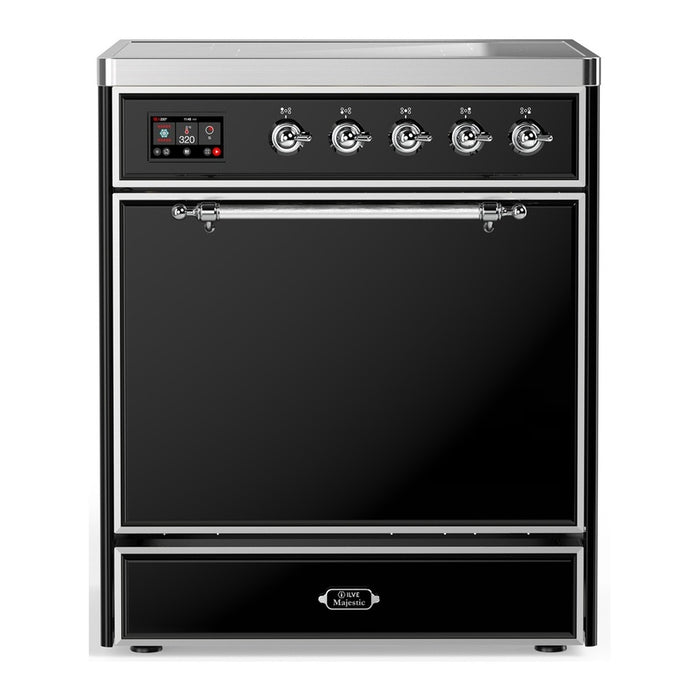 ILVE 30 Inch Majestic III Glossy Black Induction with 4 Elements and 4 Cu. Ft. Oven Capacity in Solid Door Chrome