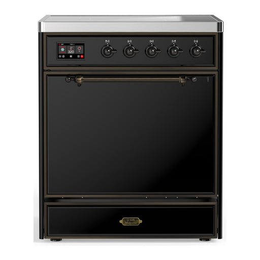 ILVE 30 Inch Majestic III Glossy Black Induction with 4 Elements and 4 Cu. Ft. Oven Capacity in Solid Door Burnished