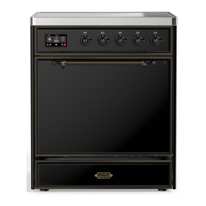 ILVE 30 Inch Majestic III Glossy Black Induction with 4 Elements and 4 Cu. Ft. Oven Capacity in Solid Door Burnished